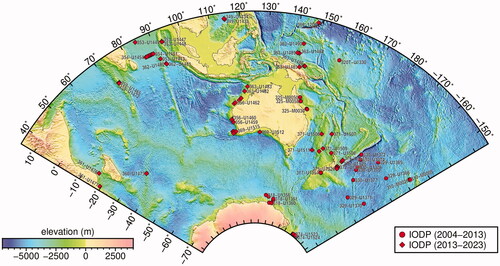 Figure 11. Overview map showing IODP expeditions and site numbers. Courtesy of Ron Hackney.