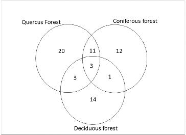 Figure 3. Mathematical set indicating distribution of all lichen species in three forest types.