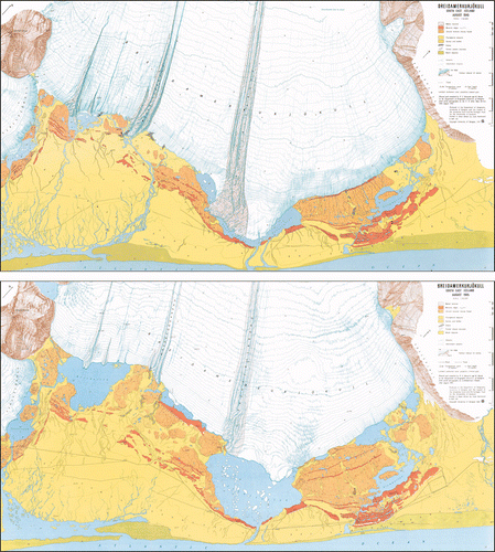 Figure 2. Thumbnail style reproductions of the BreiÐamerkurjökull 1945 (upper) and 1965 (lower) maps originally produced at 1:30,000 scale (Howarth & Welch Citation1969a, b). A high quality version of this map is available online at: http:///www.informaworld.com/RSGJ