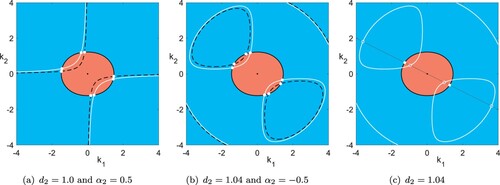 Figure 1. We plot the occurrence of explicit solutions (Equation5(5) v=α1eλtcos⁡(k⋅x+τ)k⊥,η=α2fgsin⁡(k⋅x+τ)+s,(5) ) in the plane of wave vectors with fixed parameters d1=1.0,b1=1.5,b2=2.2,f=0.3,g=9.8,H0=0.1,α1=1.0 and d2,α2 as in the subcaptions. Red regions: λ>0, i.e. unbounded growth; blue regions: λ<0; black curves: λ=0, i.e. steady states. The white curves mark solutions with α2=0, and the white bullets mark steady solutions with λ=0. The black dashed curves mark solutions of condition (Equation6b(6b) α2−α1α1f=k1k2((d1−d2)|k|2+b2−b1),(6b) ) only, for α2≠0 with values as in the subcaptions, which also solve (Equation6a(6a) λ=(b1−d1|k|2)k22+(b2−d2|k|2)k12,(6a) ) at the white bullets (λ=0). In (c) we mark a line of wave vectors in a fixed direction (grey), and the growing or decaying solutions (white circles) on it, whose superpositions with or without the steady state on the grey line again yield explicit solutions (Colour online).