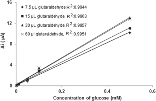 Figure 3. Effect of the amount of glutaraldehyde on the amperometric response of glucose biosensor (0.1 M, pH 7.5 phosphate buffer, 25°C).