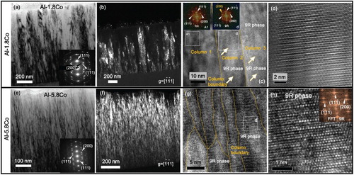 Figure 1. The microstructure of as-deposited Al-1.8Co and Al-5.8Co films. (a, b, e, f) Bright-field and dark-field TEM micrographs showing the formation of columnar grains. The inserted selected area diffraction (SAD) pattern shows (111) texture with twins. (c) High-resolution TEM micrograph shows the formation of 9R phase in Al-1.8Co, and the inserted FFT shows the twinned structures at location d. The FFT of box A1 shows a single crystal diffraction pattern. (d) The magnified HRTEM micrograph showing the 9R phase in box d. (g) An HRTEM micrograph shows representative nanocolumns with high-density 9R phase in Al-1.8Co. (h) The magnified HRTEM micrograph and inserted FFT showing the 9R phase.