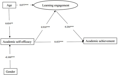 Figure 2 The mediating effect of learning engagement in college students (standardized coefficients).