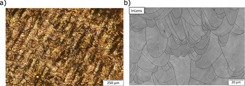 Figure 5. Overview of (a) exposure area by optical microscopy with a melting line width between 90 µm and 100 µm and (b) welding depth of ca. 52 µm (PL = 100 W; vs = 124 mm/s; hs = 120 µm).