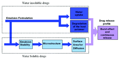 Figure 19. Schematic representation of a qualitative model describing the drug release mechanisms from the porous drug eluting structures derived from freeze-dried emulsions.