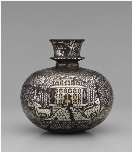 Figure 6. A Bidriware hookah base circa 1650–1700, zinc alloy inlaid in silver and brass, H: 19.4 cm x D: 17.1 cm, Courtesy Asian Art Museum.