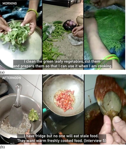 Figure 8. Screen shots from the participatory filmmaking in SRA (Mumbai), showing: (a) daily preparations for cooking (top), and (b) cooking in the afternoon (bottom), the quotations from the research interviews.