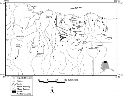 FIGURE 2. A map showing the location of balsam poplar groves in relation to faulting and geothermal springs on the North Slope of Alaska