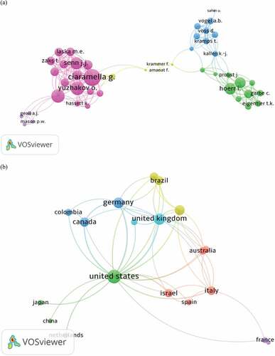 Figure 8. Co-authorship by unit of authors (a), and countries (b) based on Links (L) Total Links Strength (TLS).