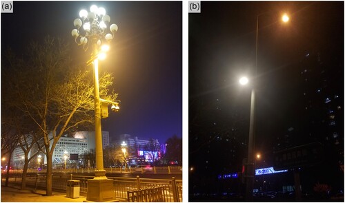 Figure 14. Mixed use of lamp types: (a) Chang'an Street, (b) Diaosuyuan South Street.