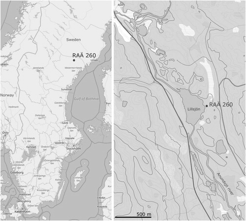 Figure 1. Location of the site RAÄ 260, a Mesolithic semi-subterranean dwelling in northern Sweden. Map Sweden ©OpenStreeMap, OpenStreetMap contributors (Citation2018); Detail of the lake ©Lantmäteriet.