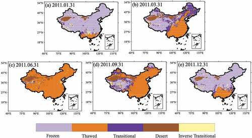 Figure 6. Spatial distributions of the surface FT state retrieved by the FT-DESA on the representative days in 2011 represent the seasonality.