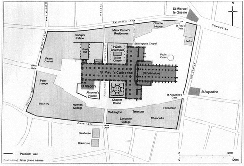 Figure 3. Plan of the precinct of the old St. Paul’s Cathedral, showing the charnel house’s location to the North West.