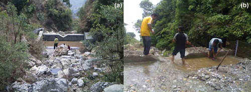Figure 4. View of broad-crested compound weir (reservoir): (a) dry stream at Bansigad from March to mid-June, and (b) cleaning of bed material at a reservoir after a peak event.