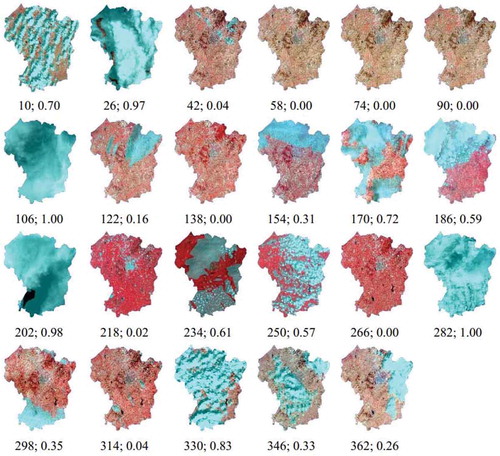 Figure 3. Multi-temporal Landsat images with cloud mask (with cyan color) in the study area, subfigure represent all the 23 images and the text below the subfigures indicates the acquisition date (in Day of Year) and cloud-covered ratio of the image