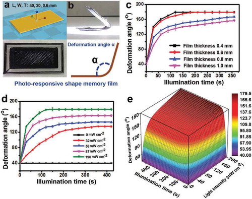 Figure 32. The SMP film actuator presented in [Citation165]. An image of the 3D-printed film is shown in (a) and (b). The illumination time versus deformation angle for varying film thicknesses are shown in (c). The illumination time versus deformation angle with varying light intensities are shown in (d). Finally, the three axis graph of the illumination time versus light intensity versus deformation angle is shown in (e). Figure reprinted with permission from [Citation165].