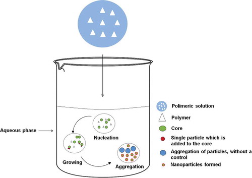 FIGURE 1 Nucleation, growing, and aggregation during the formation of nanoparticles.