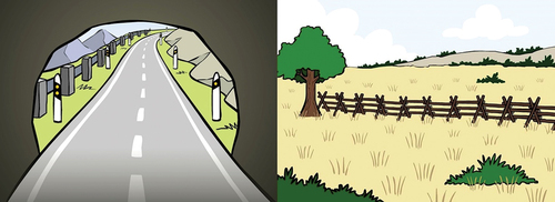 Figure 5. Examples of stimuli analysed in this section. The road picture represents the variables +BC, 1pp, and +afford, and the fence picture represents the variables -BC, 3pp, and -afford.