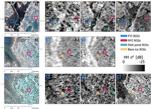 Figure 4. Image subsets of optical RGB composites and C- and L-band HH backscatter variability during advanced melt season substages. The top panel shows the PO stage with: a) WV2-1; ai) RS2-6; aii) RS2-5; and aiii) PS2-2. The middle panel shows the PE stage with: b) WV3-1; bi) RS2-7; bii) RS2-8 (there is no L-band scene). The bottom panel shows the PD stage with: c) WV3-2; ci) RS2-9; cii) RS2-10; and ciii) PS2-3.