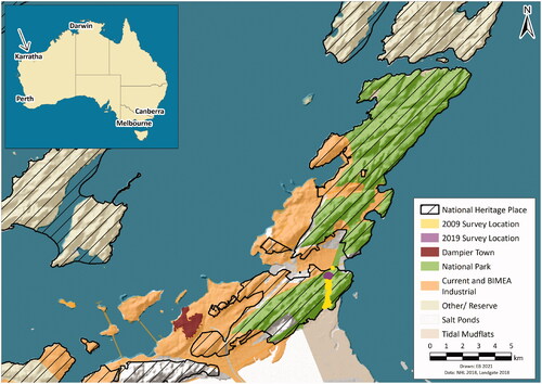 Figure 1. The conservation estate and industry lands across the central and northern Burrup, within the National Heritage Listed Place, showing the two Nganjarli survey locations.