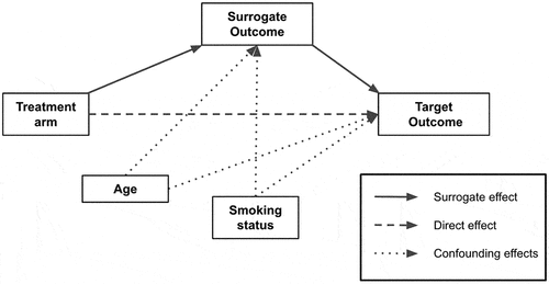 Figure 4. Conceptual example of breakdown of the surrogate, direct and confounding pathways.