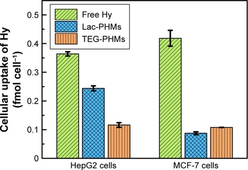 Figure 3 The uptake amount of free Hy and the Hy loaded in Lac-PHMs/TEG-PHMs into HepG2 and MCF-7 cells.Notes: The cells were incubated with free Hy (in 0.2% DMSO medium), Lac-PHMs, and TEG-PHMs (at Hy equivalent concentration of 1.0 μM) for 4 hours at 37°C. Data are presented as the average ± SD (n=3).Abbreviations: Hy, hypericin; PHMs, hypericin-entrapped polydopamine–MNP composite nanoparticles; Lac-PHMs, lactose-modified PHMs; TEG-PHMs, triethylene glycol–modified PHMs.