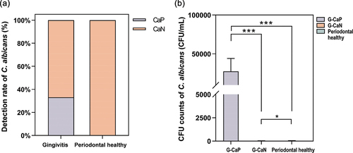 Figure 3. (a) the difference of Candida albicans detection rate between Gingivitis group and Periodontal healthy group. CaP: C. albicans-positive; CaN: C. albicans-negative. (b) The CFU counts of C. albicans in G-CaP, G-CaN, and Periodontal healthy groups (NS: no significance, *p < 0.05, *p < 0.01, **p < 0.001).