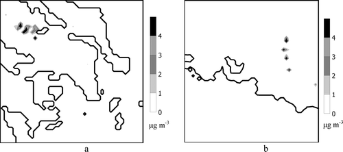FIG. 3 Total organic mass that is calculated by the model to cross the lower diameter used by UAM-AERO (40 nm) in a 24-hour period, (a) for the GAA episode of 24 June 2003, and, (b) for the GMA episode of 8 July 2002.