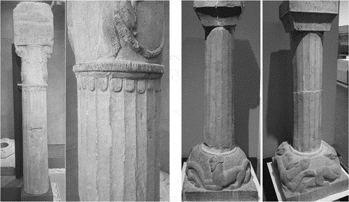 Figure 21. Left: Stone pillar in the tomb of Qin Jun, secretary of the Youzhou prefecture government in the Han dynasty. Right: East and west hexagonal columns in the front room of the Han tomb of Wu Baizhuang, Linyi. Photographs by the authors of this article.