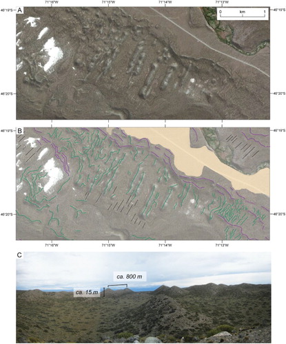 Figure 12. (A) Satellite image (DigitalGlobe 2013; ESRI™) from the northern margin of the LGC-BA lobe and (B) interpretation of the glacial geomorphology. The image shows push moraine ridges, inset eskers and sediment flutings. The inferred eskers range from sinuous ridges that are either isolated or occur within complex networks (lower right of image), to more enigmatic, near-straight ridges and conical mounds (centre of image) of comparatively high relief (C).