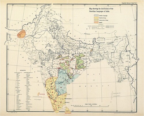 Fig. 3. ‘Map Showing the Distribution of the Dravidian Languages of India’, in George A. Grierson, ed., Linguistic Survey of India, vol. 1:1, Introductory (Calcutta, 1927), folded, facing p. 81. Scale 1 inch = 160 miles. 36 × 54 cm. The area where Andhra is spoken is shown in blue, the Dravida Group in yellow, and the Intermediate Group in green. Note the curious geographical isolation of Brahui (red) in what was then the Baluchistan Agency. (Courtesy of the Digital South Asia Library, University of Chicago.)