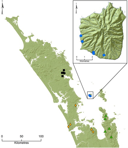 Figure 1. Map of northern New Zealand displaying locations of sampling sites used in the study. Enlargement indicates locations of sampling sites on Hauturu. For symbol details see Figure 3 and Supplementary Table S1.