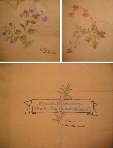 Figures 3–5. Three details of Figure 2. Occupational therapy linen. ‘Embroidered by wounded men in the Pensions Hospital, Bath, 1923ʹ. ©British Red Cross collection.