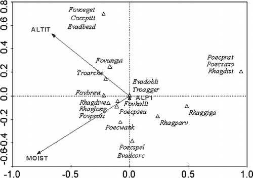 FIGURE 5.  Species-environment CCA biplot diagram of the second (λx = 0.75) and third (λy = 0.35) ordinal axes of the restricted model. Explanations: arrows are significant environmental factors, ALTIT (altitude), MOIST (moisture), ALP1 (deep scree voids) together with Evadorhagidia oblikensis (Evadobli) and Troglocheles aggerata (Troagger) are in the centroid, because they are fully represented by the first ordinal axis (not visualized, λ = 1.0); triangles are species positions in ordinal space, Coccorhagidia pittardi (Coccpitt), Evadorhagidia bezdezensis (Evadbezd), Evadorhagidia corcontica (Evadcorc), Evadorhagidia oblikensis (Evadobli), Foveacheles brevichelae (Fovbrevi), Foveacheles cegetensis (Fovceget), Foveacheles halltalensis (Fovhallt), Foveacheles proxima (Fovproxi), Foveacheles unguiculata (Fovungui), Poecilophysis pratensis (Poecprat), Poecilophysis pseudoreflexa (Poecpseu), Poecilophysis saxonica (Poecsaxo), Poecilophysis spelaea (Poecspel), Poecilophysis wankeli (Poecwank), Rhagidia distisolenidiata (Rhagdist), Rhagidia diversicolor (Rhagdive), Rhagidia gigas (Rhaggiga), Rhagidia longiseta (Rhaglong), Rhagidia parvilobata (Rhagparv), Troglocheles aggerata (Troagger), and Troglocheles archetypica (Troarche)