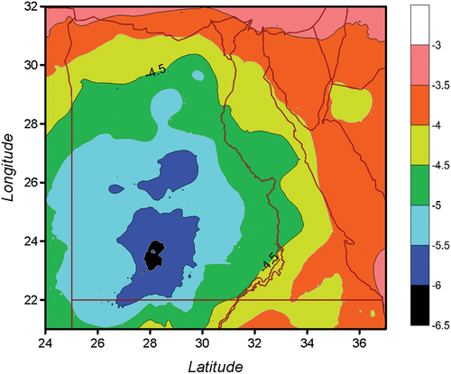 Figure 12. Difference in geoid undulations between using fine DHM 1′′ x1′′ and using fine DHM 3′′ x 3′′ with the same coarse DHM 30′′ x30′′ [units in cm].