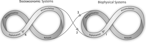 Figure 3. Four types of sustainability issues: 1) capacity of biophysical system; 2) effects of socioeconomic system on biophysical system; 3) effects of biophysical system on socioeconomic system; and 4) capacity of socioeconomic system.