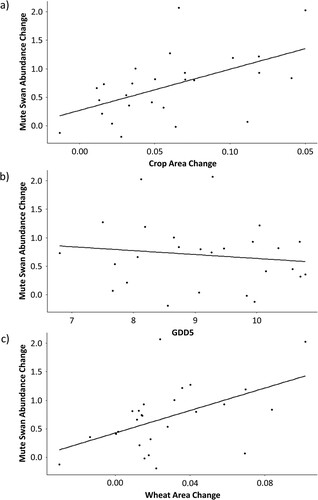 Figure 3. Variation in regional Mute Swan abundance change in relation to change in (a) crop area, (b) growing degree-days above 5°C (GDD5), and (c) wheat crop area. Mute Swan abundance change is the natural logarithm of the ratio of mean Mute Swan abundance in 2000–2016 to that in 1974–1986. Crop area change (a) is the arithmetic difference in wheat and oilseed rape crop area between 1981 and 2010 per lowland hectare. GDD5 change (b) is the arithmetic difference between the pre-ban period and post-ban stable period GDD5 values. Wheat area change (c) is the arithmetic difference in wheat crop area between 1981 and 2010 per lowland hectare. Each point represents an Environment Agency region of England and Wales (N = 26).