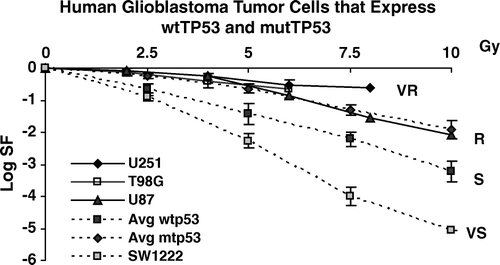 Figure 2.  Survival of three glioblastoma cell lines compared to data on glioblastoma cells in Figure 1. Two cell lines express mutTP53 (U251 and T98G) and one cell line expresses wtTP53 (U87).