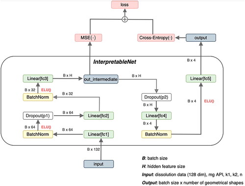 Figure 6. Architecture of InterpretableNet. B is the number of training examples, that are processed in parallel (batch size). The fc abbreviation in the linear layers stands for fully connected, which is a synonym for linear layers. ELU stands for exponential linear units and is the nonlinear activation function introduced in 2.2.7. mg API is the abbreviation of the drug amount and k1, k2, and n are descriptive parameters of the Peppas Sahlin equation (EquationEquation 2(2) MtM∞=k1×tn+k2×t2n(2) ). MSE refers to the mean-squared-error loss (EquationEquation 6(6) MSE = 1N∑n=1N(ŷn−yn)2(6) ).