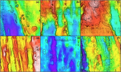 Figure 3. Example potholes. (a) Circular and ‘trough’ shaped features in Sheet 1, (b) potholes grading to escarpments in western Sheet 2, (c) line of potholes associated with a dyke off the volcanic edifice to the NW in eastern Sheet 2, (d) association of potholes only with a wider hill in Sheet 3, (e) smaller potholes in Sheet 4D, (f) potholes amongst artefacts in the bathymetry in western Sheet 7.