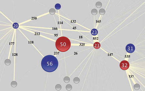 Figure 1. A part of a network constructed from mobile phone call data. Blue circles correspond to male and red circles to female subscribers. The numbers inside a circle (and also its size) indicates the age of the subscriber. Grey circles correspond to subscribers whose gender and age information is not available in the dataset. The numbers on a link (as well as its width) indicates the total number of calls between the connected pair of individuals over a period of seven months. This figure is adopted from [Citation35] and it is licensed under a Creative Commons Attribution-NonCommercial-ShareAlike 3.0 Unported License https://creativecommons.org/licenses/by-nc-sa/3.0/.