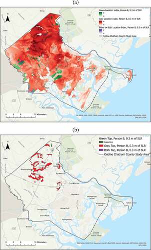 Figure 4. Resulting map for Person B: (a) Gradient of location indices for selection of green, grey, or both infrastructure placement. (b) The top 10% of infrastructure index locations and the service categories that should be prioritized in selecting an infrastructure solution.