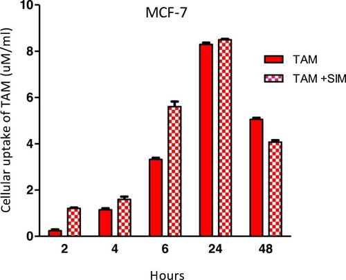 Figure 7 Effect of treatment of SIM on cellular uptake of TAM after different time intervals in the MCF-7 cell line. The results are expressed as the mean±SD of two separate experiments performed in duplicate. Statistical significance of the result was analyzed by ANOVA with repeated and mixed model followed by Bonferroni test for adjustment for multiple comparisons was used for comparison between two groups in TAM uptake. A value of 0.05 or less was taken as a criterion for a statistically significant difference.