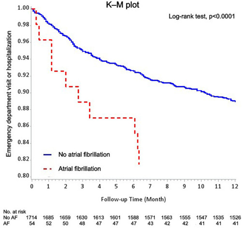 Figure 3 Kaplan–Meier methods for the patients with COPD with or without atrial fibrillation with emergency department visit or hospitalization based on the logistic regression after adjustment for sex, age, and BMI.