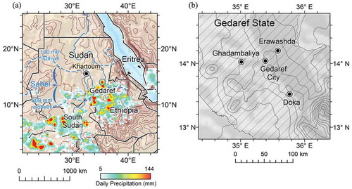 Figure 1. Location of our study area. (a) Regional map for the vicinity of Gedaref City (open circle) in Southeast Sahel showing daily rainfall for 27 July 2006 (≥5 mm), based on TMPA 3B42 estimates. Elevation contour interval is 200 m, with Gedaref State shown by the hatched area. (b) Local map showing the location of three cooperative gauge sites in addition to the principal WMO Gedaref gauge. Elevation contour interval is 50 m.