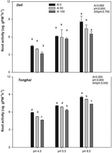 Figure 3. Root activity of the two alfalfa populations–Dali and Tonghai exposed to different aluminium concentrations and pH values. Each value is a mean ± SE. Different lower case letters denote statistically significant differences between the Al treatments (P < .05) according to the Student-Newman-Keuls multiple range test. The results of analysis of variance are abbreviated as follows: Al = effect of the Al treatment; pH = effect of the pH treatment; and Al × pH = Al × pH interaction effect.