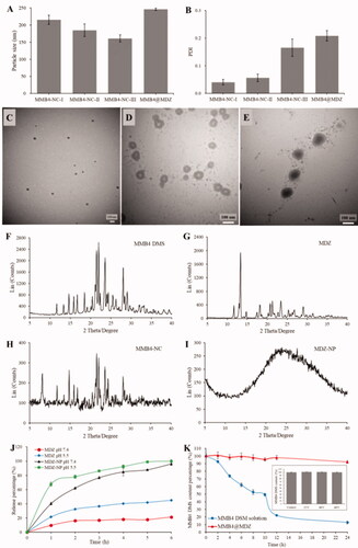 Figure 2. The characterization of MMB4-NCs, MDZ-NP and MMB4@MDZ. DLS measurement (n = 3) of (A) particles size and (B) PDI values of MMB4-NC samples and MMB4@MDZ. TEM images of (C) MMB4-NC-III, (D) MDZ-NP, and (E) MMB4@MDZ nanoparticles. XRD pattern of (F) unprocessed MMB4 DMS powder, (G) unprocessed MDZ powder, (H) MMB4-NC-III and (I) MDZ-NPs. (J) Drug releasing profiles of unprocessed MDZ powder and MDZ-NPs. (K) Stability assessment of MMB4 DMS solution and MMB4@MDZ suspension by measuring the content of MMB4 DMS at predetermined time points. The inset shows the result of the stability study of MMB4-NCs suspension (in IA).