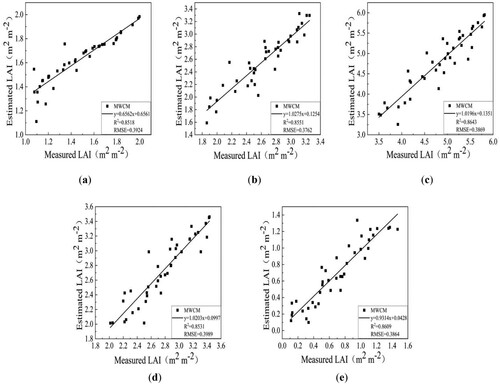 Figure 7. The AEIM-MWCM model and LAI verification analysis. (a–e) are from the jointing, booting, heading, filling, and maturing stages, respectively.