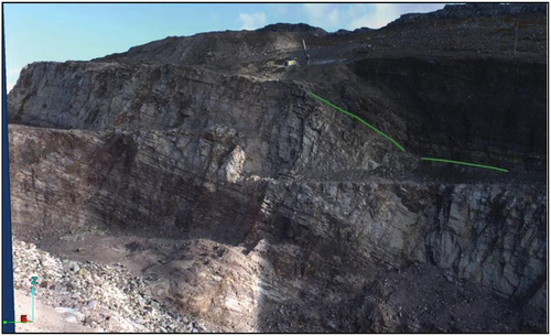 Figure 4. Panoramic image from historical face scans showing shale, quartzite layers and contact line [Citation28].