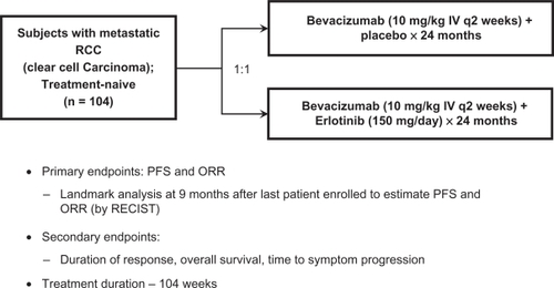 Figure 3 Study schema for phase 2 randomized trial of bevacizumab plus placebo versus bevacizumab plus erlotinib in patients with treatment-naïve metastatic renal cell carcinoima.Drawn from data of Bukowski et al.Citation41Abbreviations: PFS, progression-free survival; ORR, overall response rate.